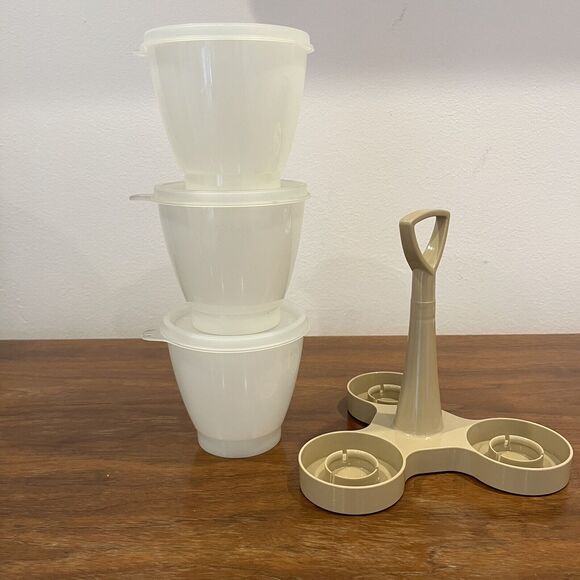 Vintage Tupperware 3 Containers Condiment Picnic Caddy Set Beige / White - Picture 5 of 9